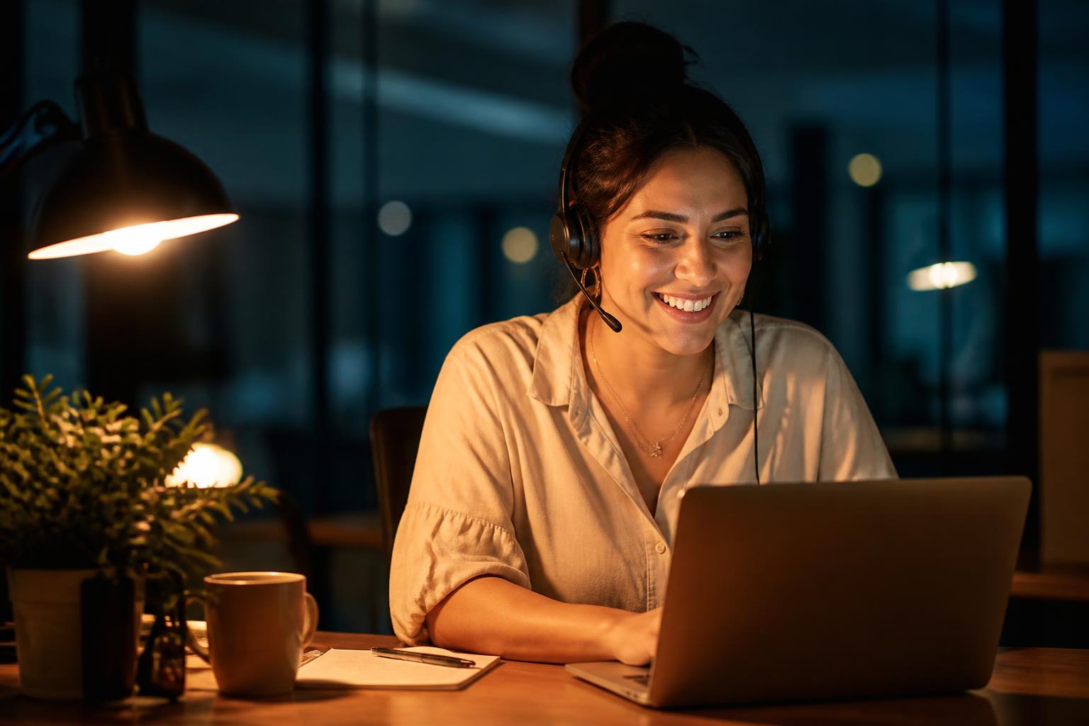 Agente de servicio al cliente sonriendo mientras atiende una conversación por computador