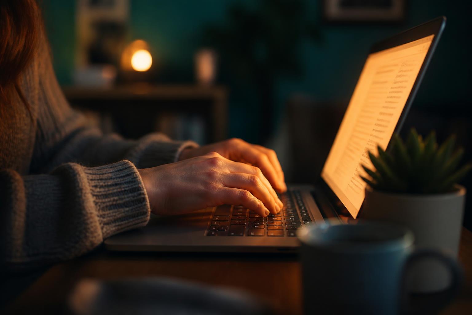 Persona atendiendo con calma una conversación nocturna desde su escritorio